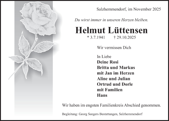 Traueranzeige von Helmut Lüttensen von Deister- und Weserzeitung