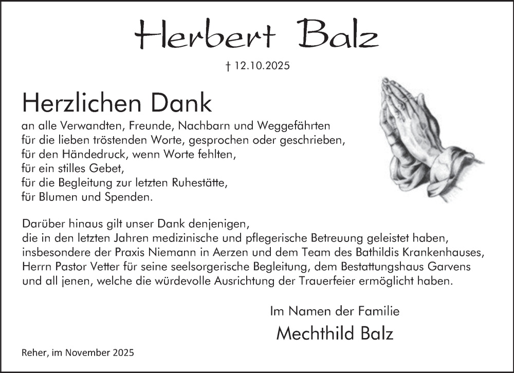  Traueranzeige für Herbert Balz vom 22.11.2025 aus Deister- und Weserzeitung