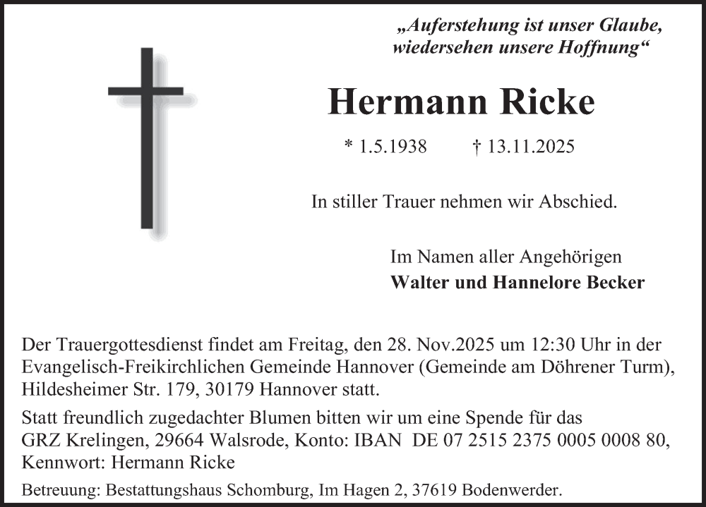  Traueranzeige für Hermann Ricke vom 22.11.2025 aus Deister- und Weserzeitung