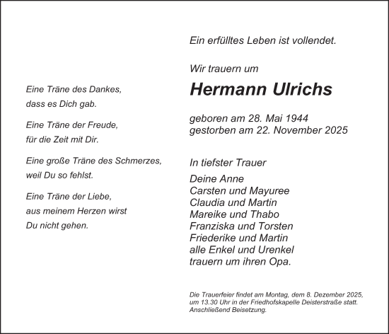 Traueranzeige von Hermann Ulrichs von Deister- und Weserzeitung