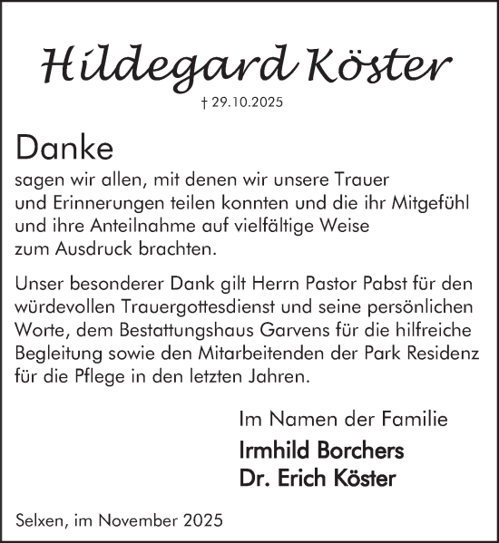 Traueranzeige von Hildegard Köster von Deister- und Weserzeitung