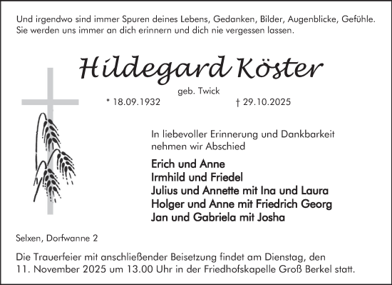 Traueranzeige von Hildegard Köster von Deister- und Weserzeitung