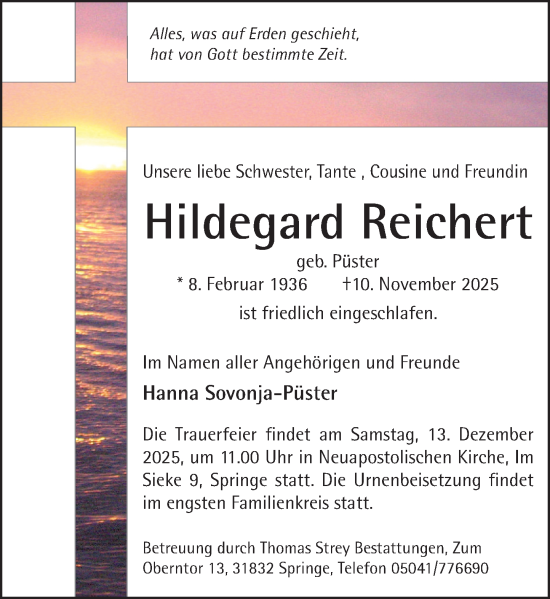 Traueranzeige von Hildegard Reichert von Neue Deister-Zeitung