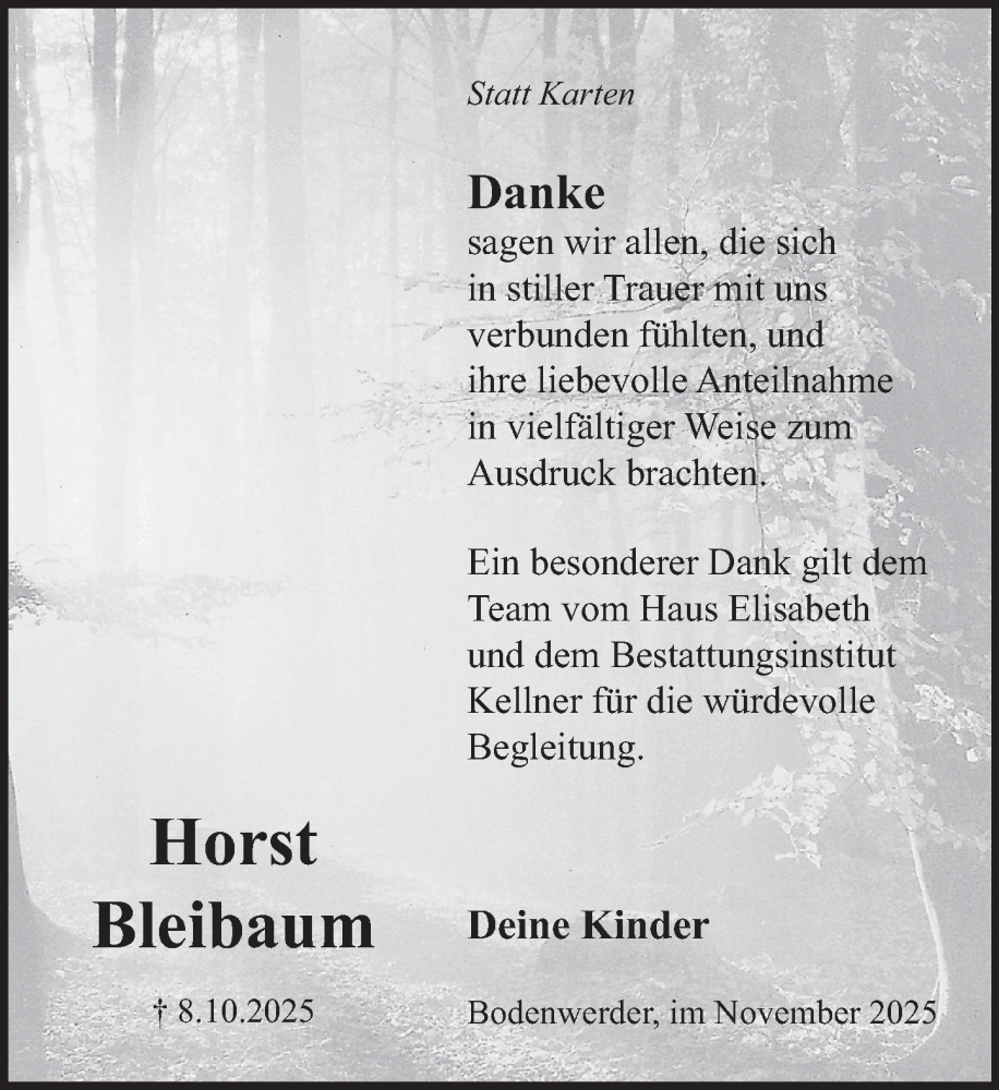  Traueranzeige für Horst Bleibaum vom 08.11.2025 aus Deister- und Weserzeitung