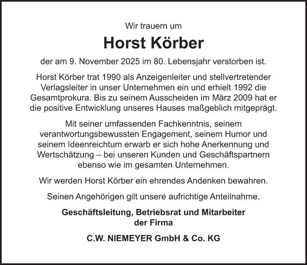  Traueranzeige für Horst Körber vom 29.11.2025 aus Deister- und Weserzeitung