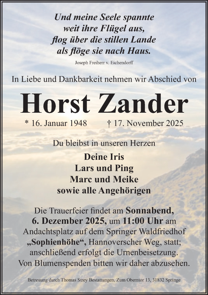  Traueranzeige für Horst Zander vom 29.11.2025 aus Neue Deister-Zeitung