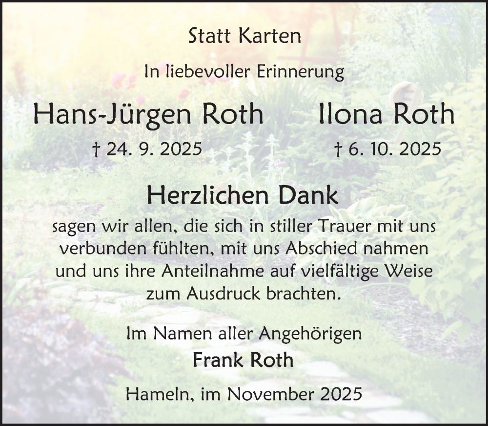  Traueranzeige für Ilona Roth vom 22.11.2025 aus Deister- und Weserzeitung