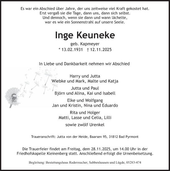 Traueranzeige von Inge Keuneke von Deister- und Weserzeitung