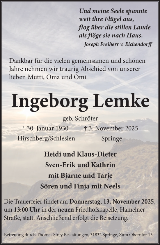 Traueranzeige von Ingeborg Lemke von Neue Deister-Zeitung
