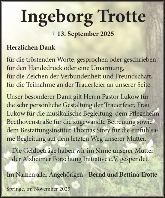 Traueranzeige von Ingeborg Trotte von Neue Deister-Zeitung