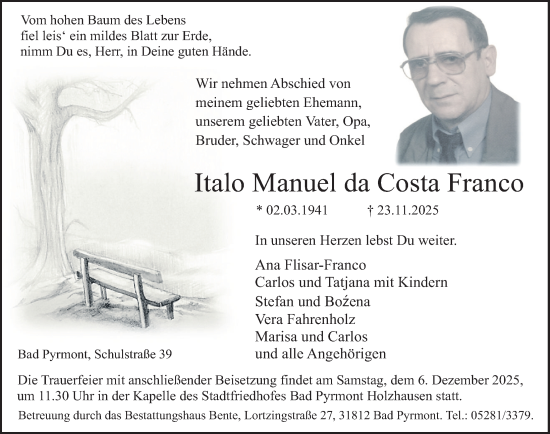 Traueranzeige von Italo Manuel da Costa Franco von Deister- und Weserzeitung