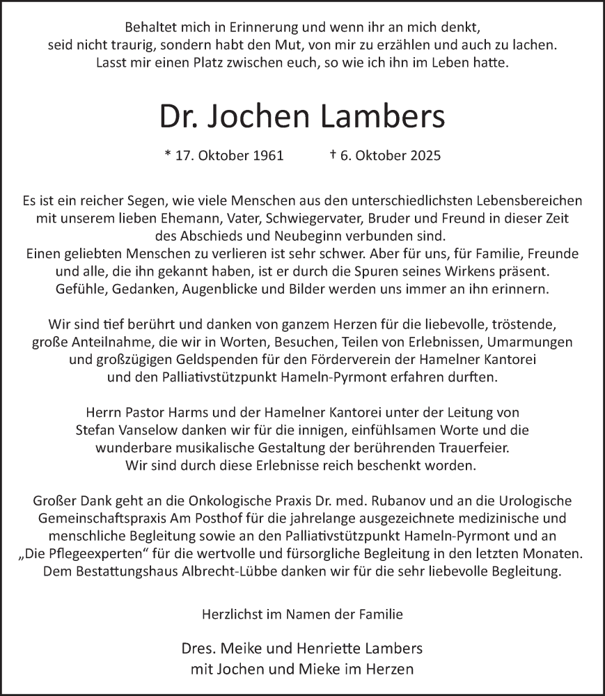  Traueranzeige für Jochen Lambers vom 15.11.2025 aus Deister- und Weserzeitung