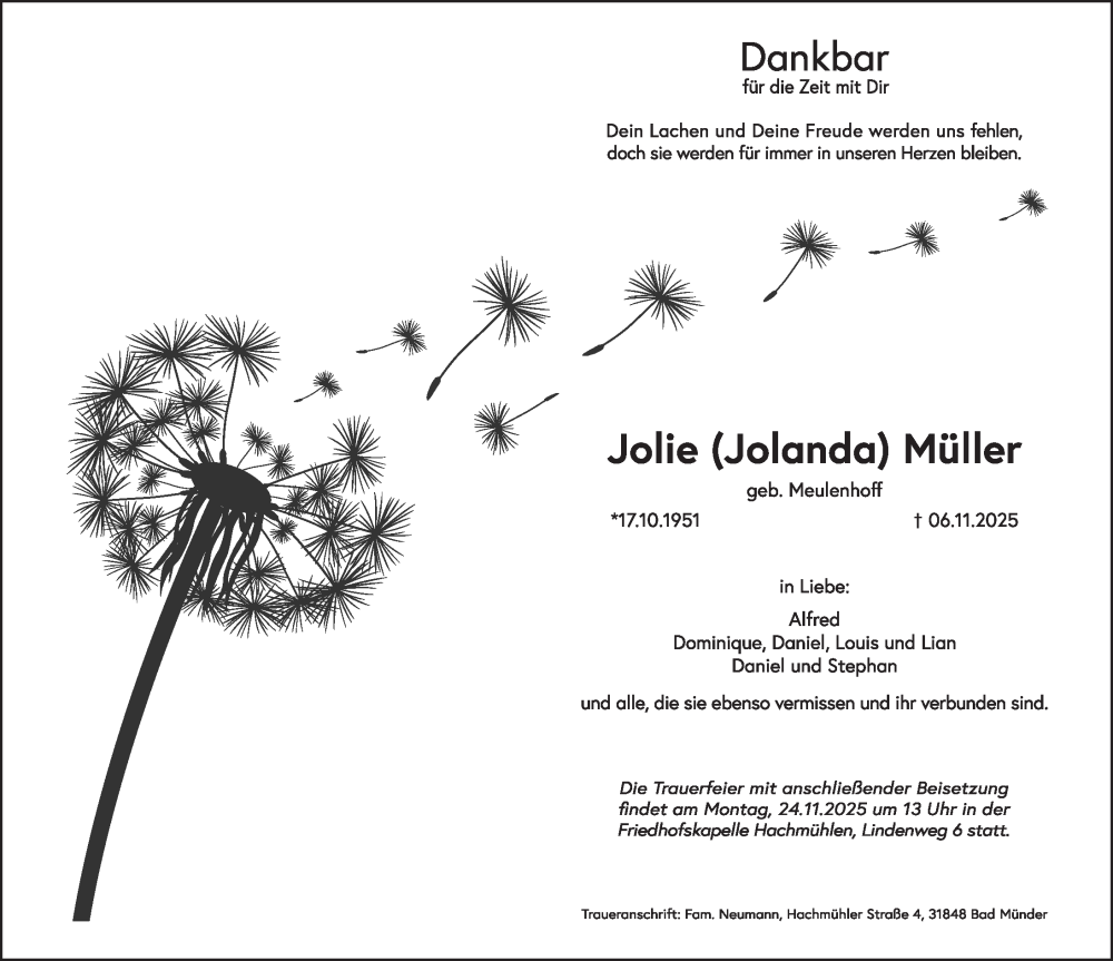  Traueranzeige für Jolie Müller vom 15.11.2025 aus Neue Deister-Zeitung
