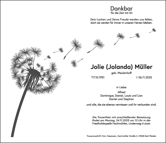 Traueranzeige von Jolie Müller von Deister- und Weserzeitung