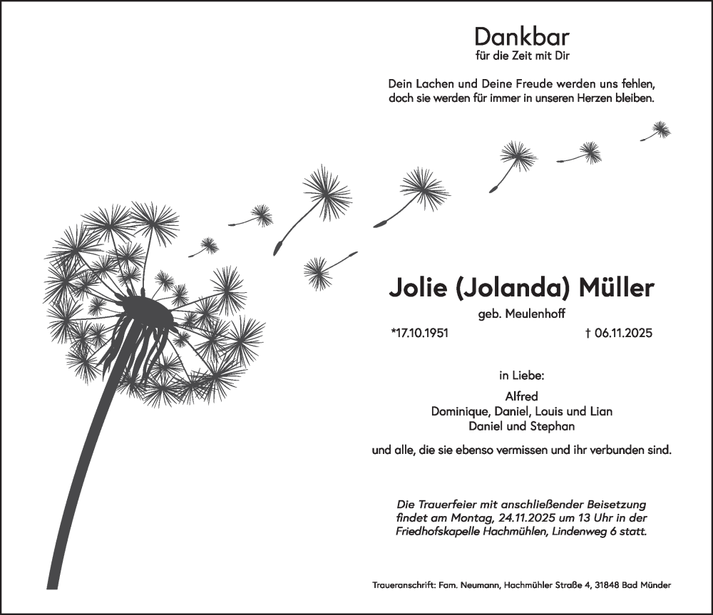  Traueranzeige für Jolie Müller vom 15.11.2025 aus Deister- und Weserzeitung