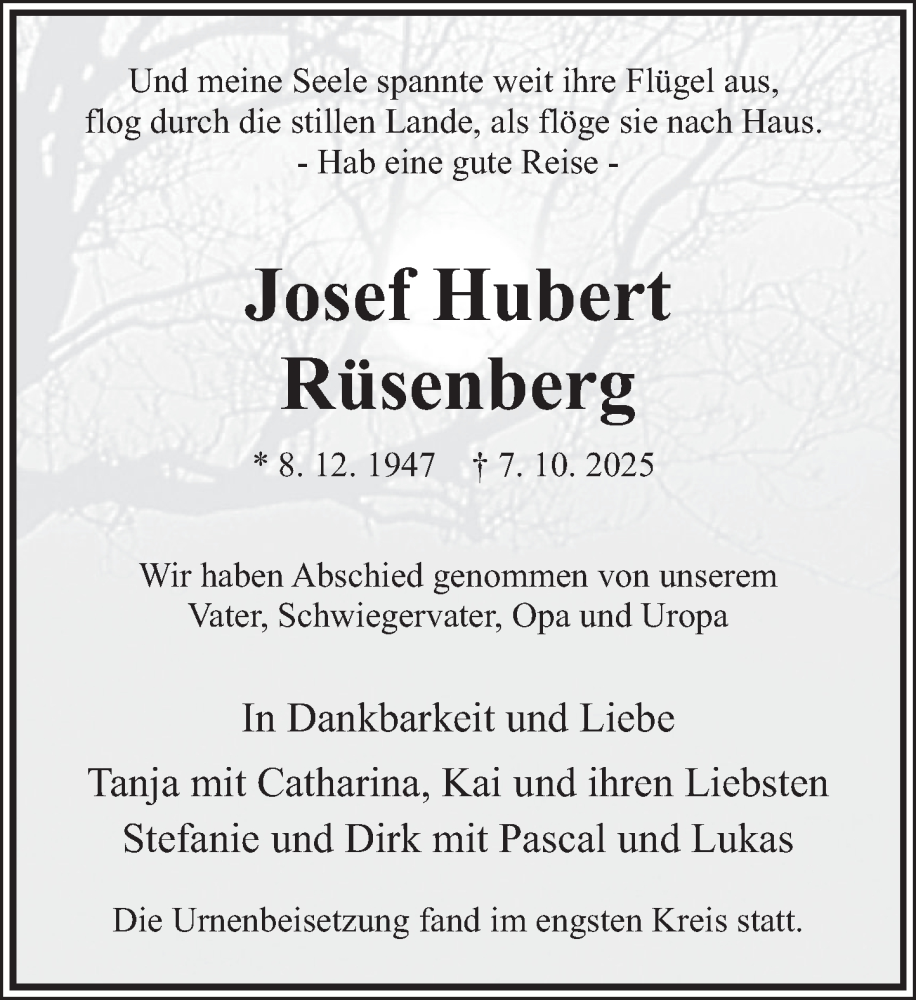  Traueranzeige für Josef Hubert Rüsenberg vom 08.11.2025 aus Deister- und Weserzeitung