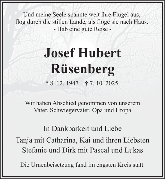 Traueranzeige von Josef Hubert Rüsenberg von Deister- und Weserzeitung