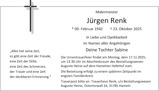 Traueranzeige von Jürgen Renk von Deister- und Weserzeitung