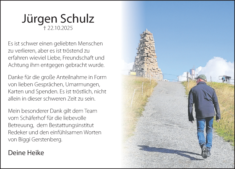  Traueranzeige für Jürgen Schulz vom 15.11.2025 aus Deister- und Weserzeitung