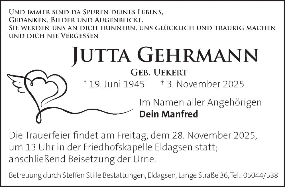  Traueranzeige für Jutta Gehrmann vom 22.11.2025 aus Neue Deister-Zeitung