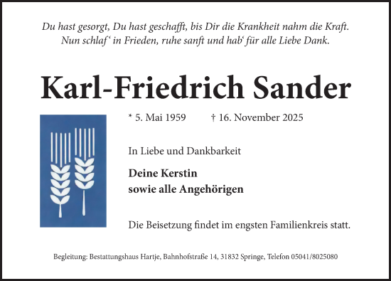 Traueranzeige von Karl-Friedrich Sander von Neue Deister-Zeitung