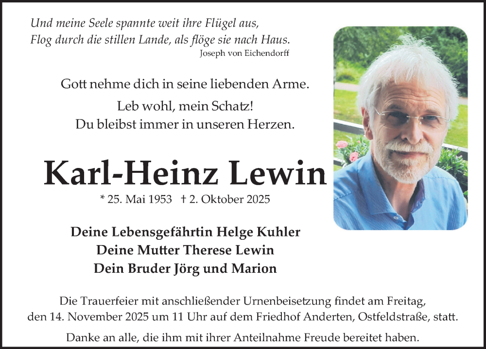  Traueranzeige für Karl-Heinz Lewin vom 08.11.2025 aus Deister- und Weserzeitung