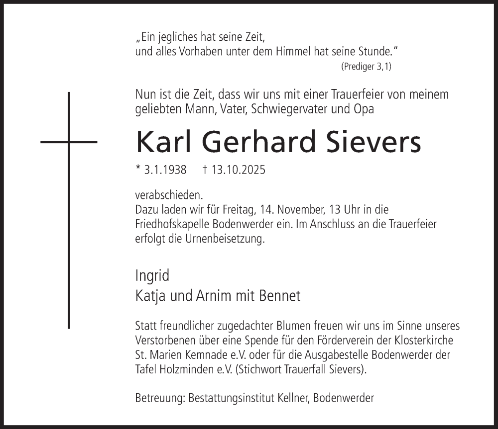  Traueranzeige für Karl Gerhard Sievers vom 08.11.2025 aus Deister- und Weserzeitung