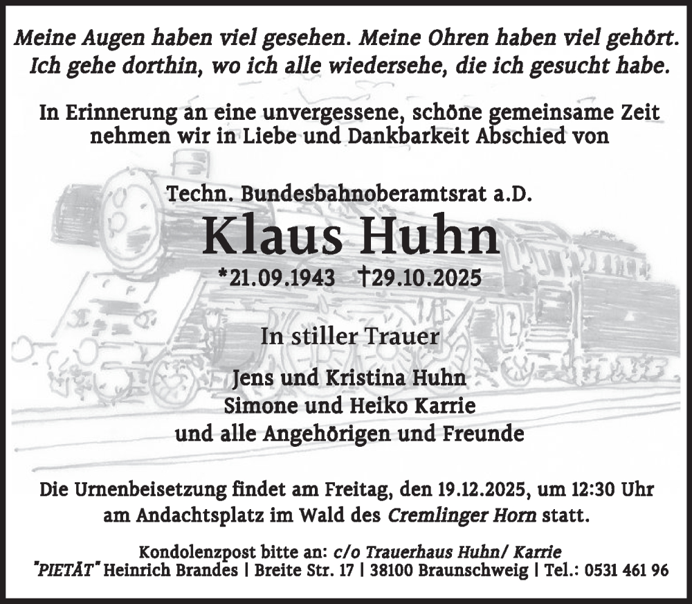  Traueranzeige für Klaus Huhn vom 06.12.2025 aus Neue Deister-Zeitung