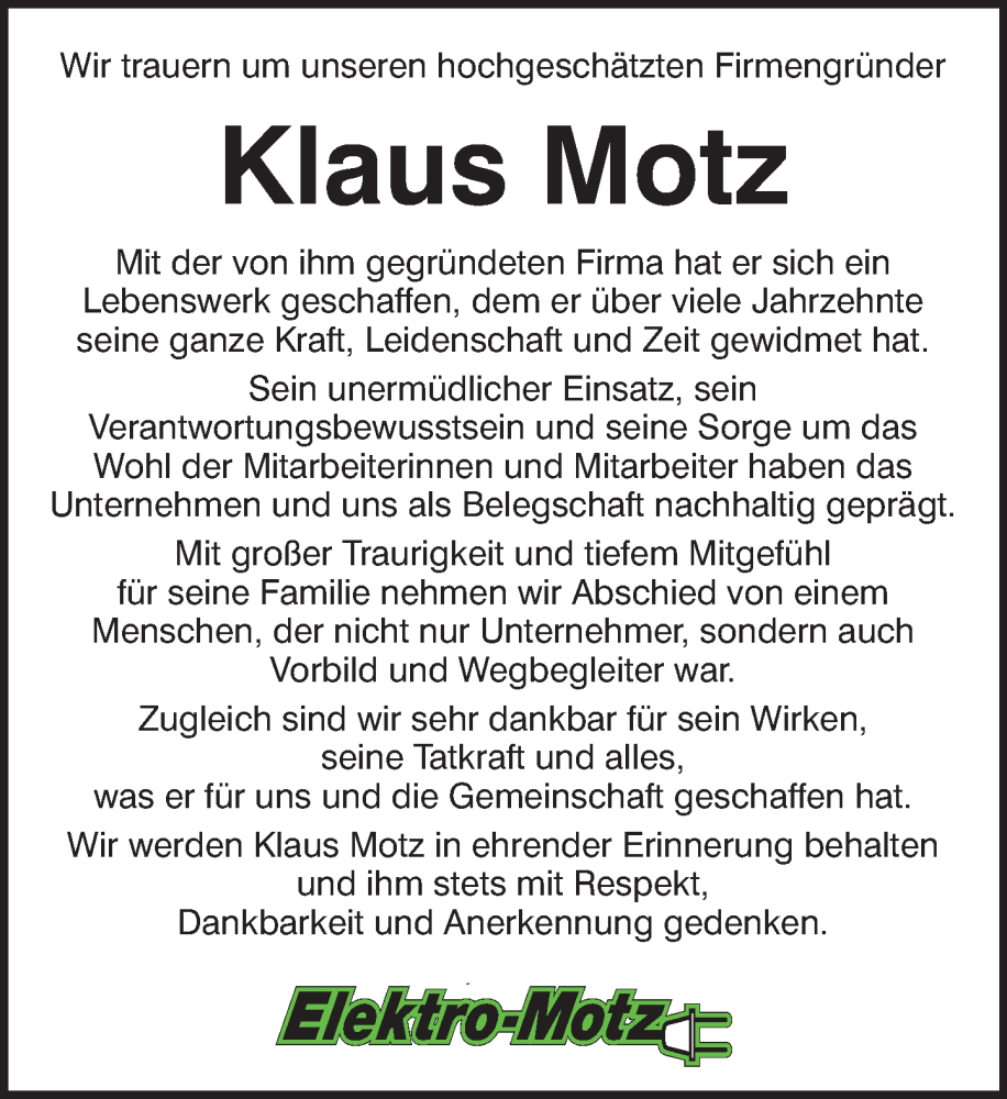  Traueranzeige für Klaus Motz vom 06.12.2025 aus Neue Deister-Zeitung
