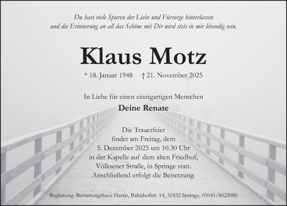  Traueranzeige für Klaus Motz vom 29.11.2025 aus Neue Deister-Zeitung