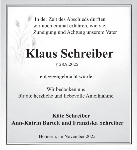 Traueranzeige von Klaus Schreiber von Deister- und Weserzeitung