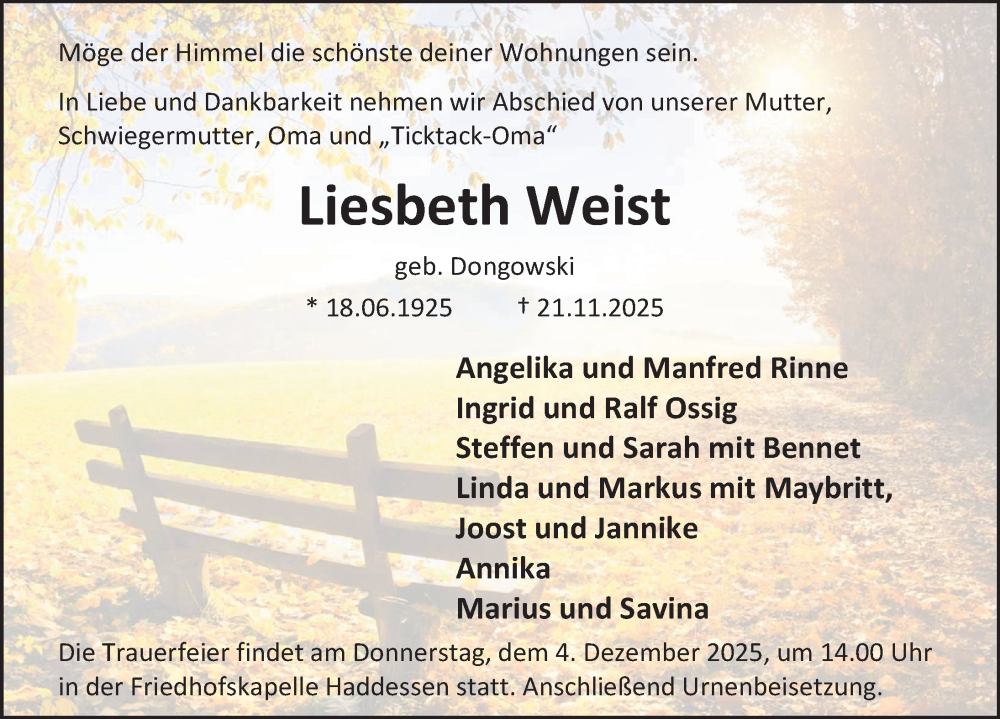  Traueranzeige für Liesbeth Weist vom 29.11.2025 aus Deister- und Weserzeitung