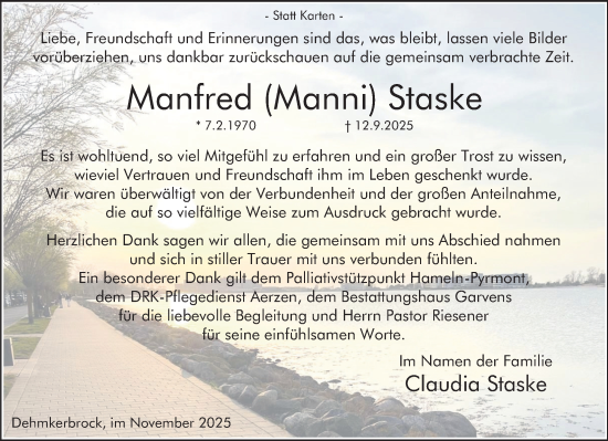 Traueranzeige von Manfred Staske von Deister- und Weserzeitung