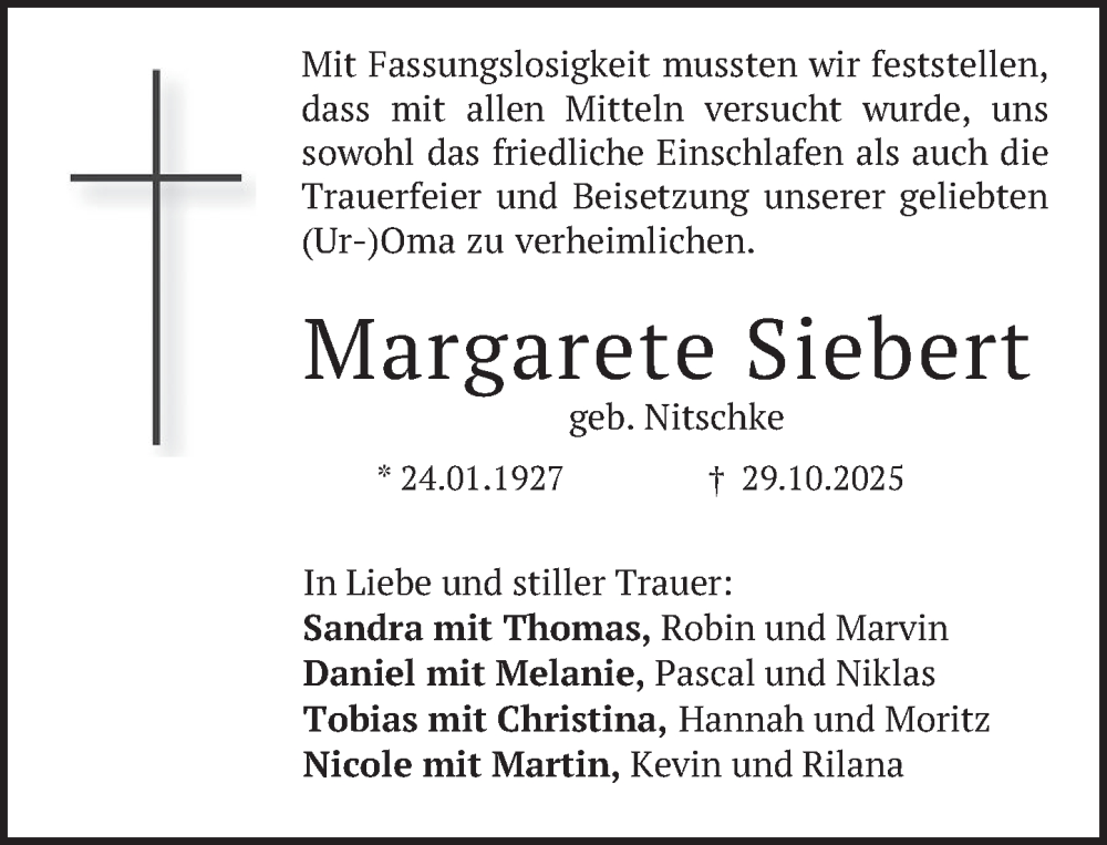  Traueranzeige für Margarete Siebert vom 22.11.2025 aus Neue Deister-Zeitung
