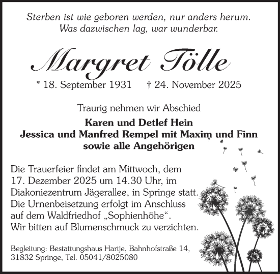 Traueranzeige von Margret Tölle von Neue Deister-Zeitung