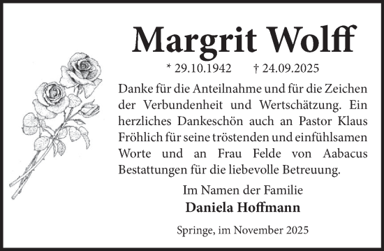 Traueranzeige von Margrit Wolff von Neue Deister-Zeitung