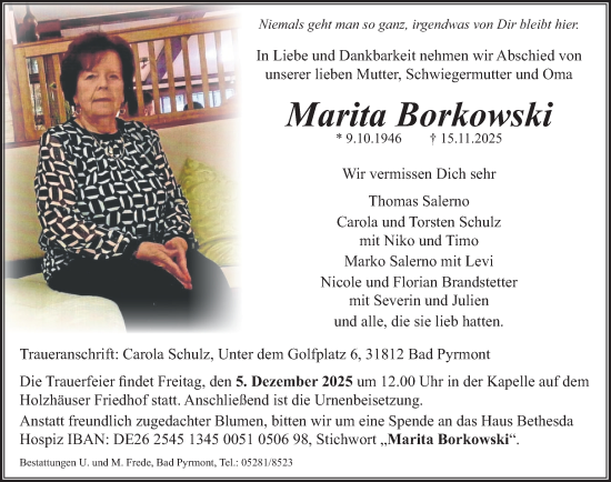 Traueranzeige von Marita Borkowski von Deister- und Weserzeitung
