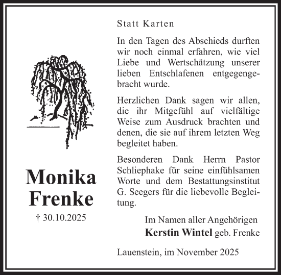 Traueranzeige von Monika Frenke von Deister- und Weserzeitung