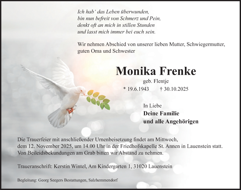  Traueranzeige für Monika Frenke vom 08.11.2025 aus Deister- und Weserzeitung