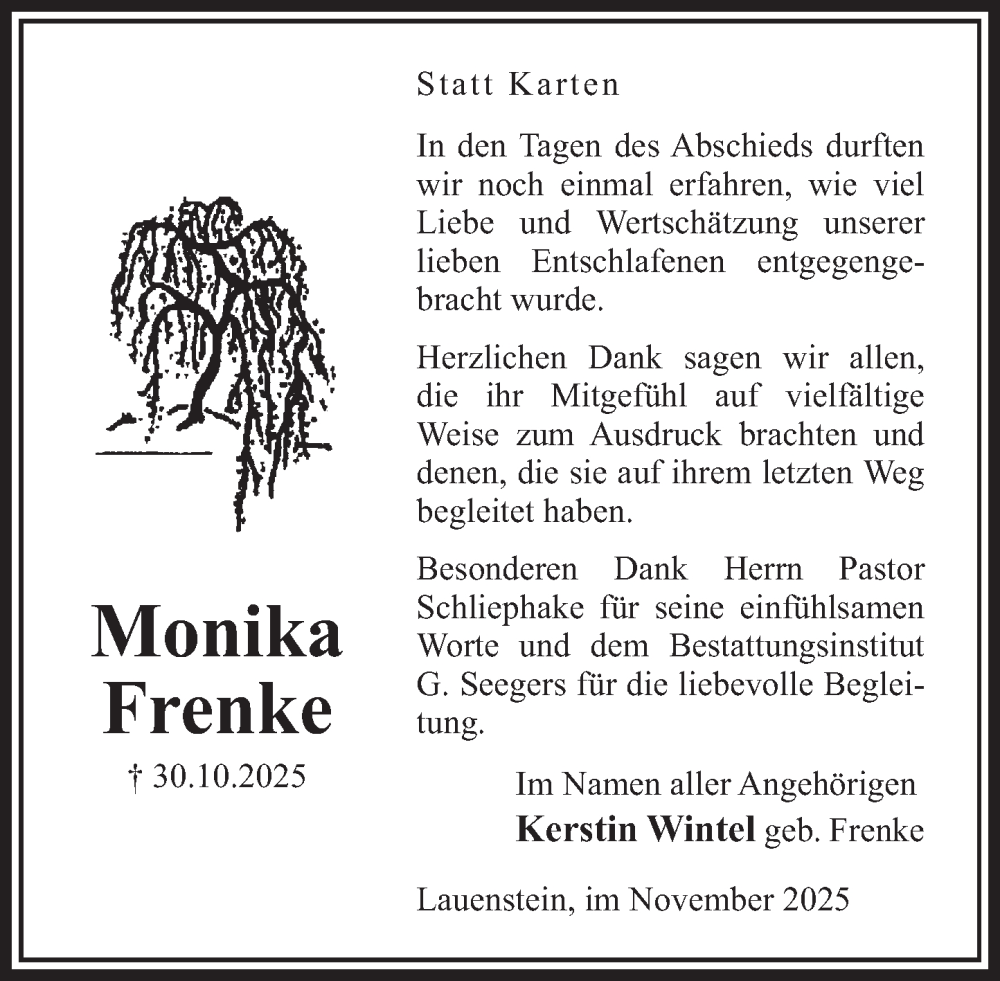  Traueranzeige für Monika Frenke vom 29.11.2025 aus Deister- und Weserzeitung