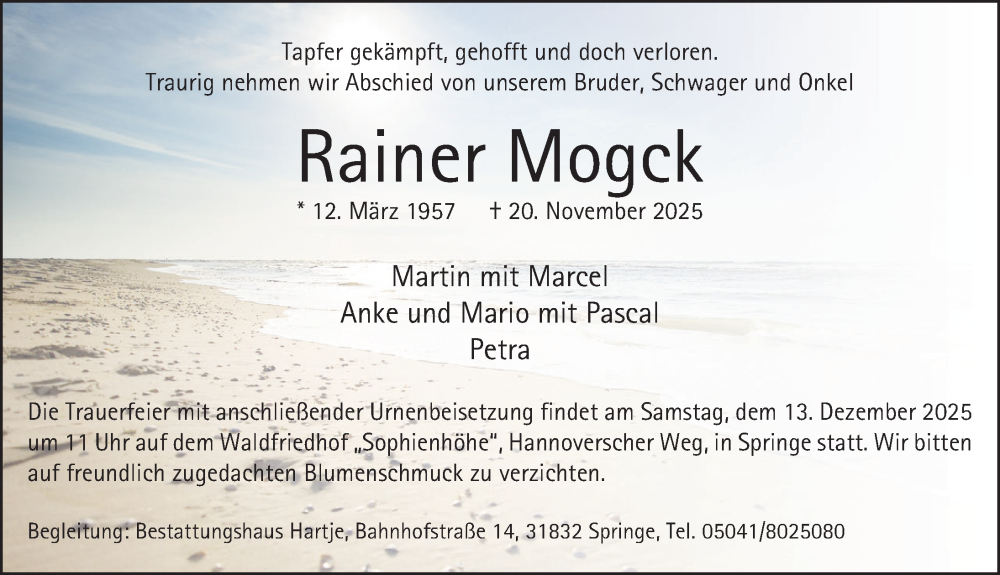  Traueranzeige für Rainer Mogck vom 29.11.2025 aus Neue Deister-Zeitung