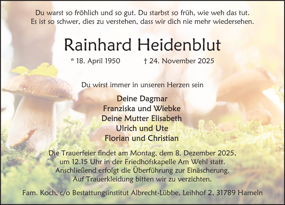  Traueranzeige für Rainhard Heidenblut vom 29.11.2025 aus Deister- und Weserzeitung
