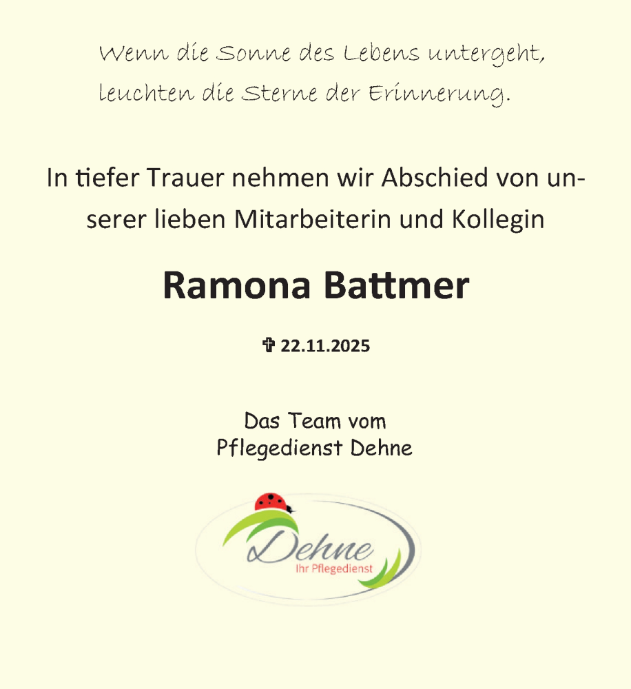  Traueranzeige für Ramona Battmer vom 29.11.2025 aus Deister- und Weserzeitung