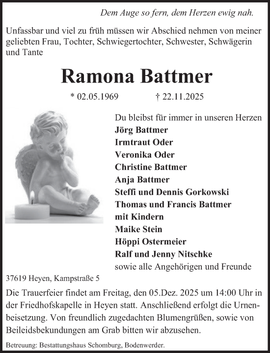 Traueranzeige von Ramona Battmer von Deister- und Weserzeitung