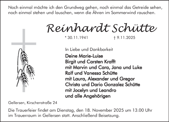 Traueranzeige von Reinhardt Schütte von Deister- und Weserzeitung