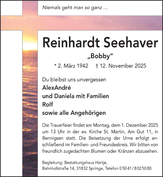 Traueranzeige von Reinhardt Seehaver von Neue Deister-Zeitung