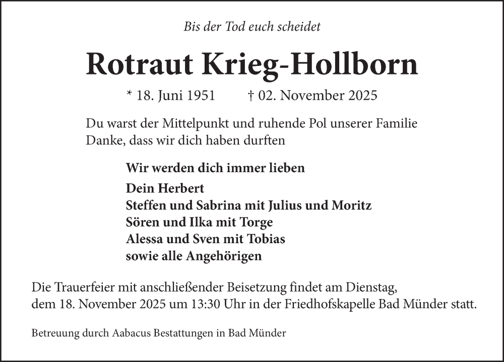  Traueranzeige für Rotraut Krieg-Hollborn vom 15.11.2025 aus Neue Deister-Zeitung