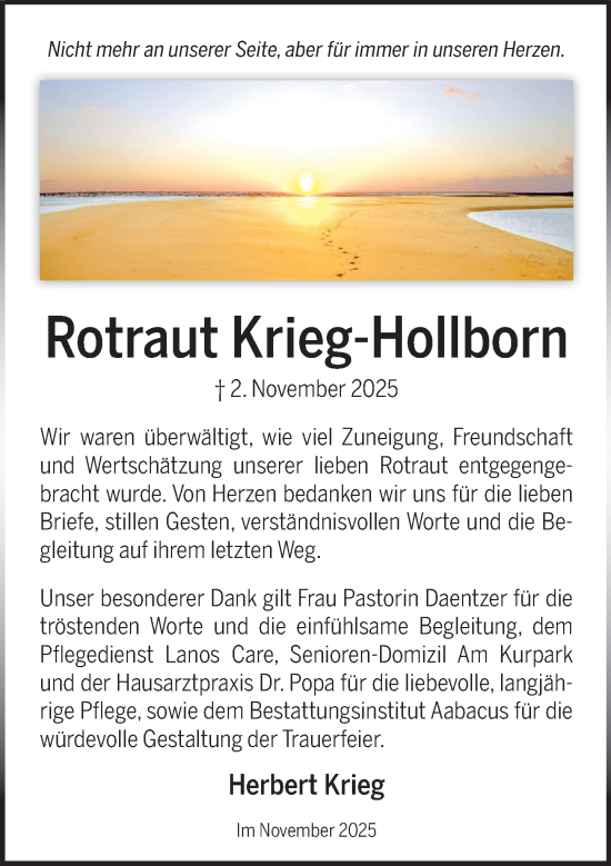 Traueranzeige von Rotraut Krieg-Hollborn von Neue Deister-Zeitung