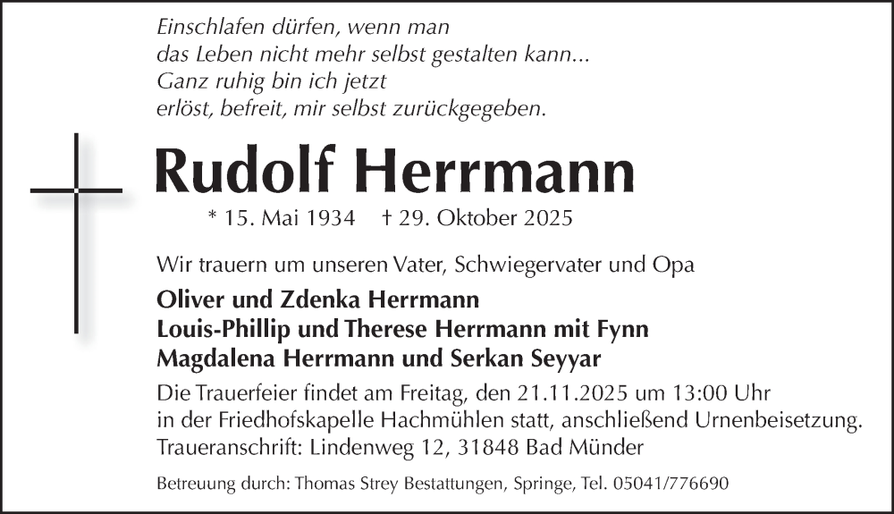  Traueranzeige für Rudolf Hermann vom 15.11.2025 aus Neue Deister-Zeitung