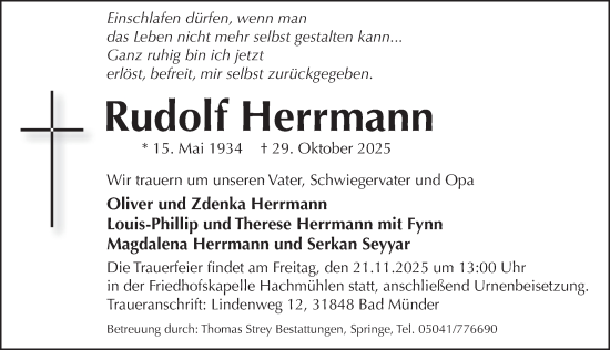 Traueranzeige von Rudolf Hermann von Neue Deister-Zeitung